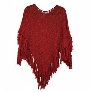 Elegant Red Fringe Sweater Poncho
